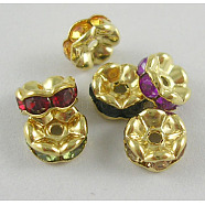 Acrylic Rhinestone Spacer Beads, Brass, Mixed Color, Rondelle, Golden-Plated, Size:about 7mmx3.5mm, hole: 1mm(RSBG7mm)