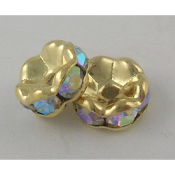 Brass Rhinestone Spacer Beads, Beads, Grade A, Clear AB, with AB Color Rhinestone, Golden Metal Color, Nickel Free, Size: about 6mm in diameter, 3mm thick, hole: 1mm(RSB028NF-02G)