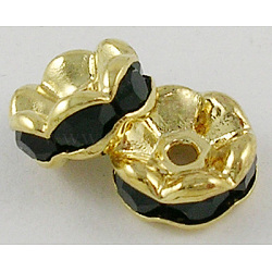 Brass Rhinestone Spacer Beads, Grade A, Black Rhinestone, Golden, Nickel Free, about 6mm in diameter, 3mm thick, hole: 1mm(RSB028NF-04G)