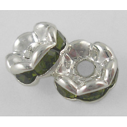 Brass Rhinestone Spacer Beads, Grade A, Dark Olive Green Rhinestone, Silver Color Plated, Nickel Free, about 6mm in diameter, 3mm thick, hole: 1mm(RSB028NF-11)