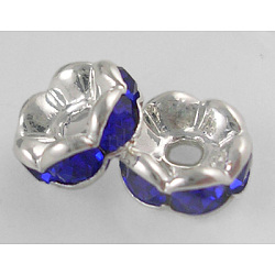 Brass Rhinestone Spacer Beads, Beads, Grade A, Sapphire Rhinestone, Silver Color, Nickel Free, about 8mm in diameter, 3.8mm thick, hole: 1.5mm(RSB030NF-15)