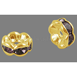 Brass Rhinestone Spacer Beads, Grade A, Rondelle, Golden and Nickel Free, Lt.Amethyst, about 8mm in diameter, 3.8mm thick, hole: 1.5mm(RSB030NF-16G)