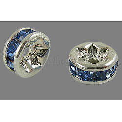 Brass Grade A Rhinestone Spacer Beads, Silver Color Plated, Nickel Free, Light Sapphire, 4x2mm, Hole: 0.8mm(RSB034NF-14)