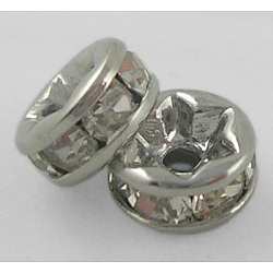 Middle East Rhinestone Spacer Beads, Clear, Brass, Platinum Color, Nickel Free, about 5mm in diameter, 2.5mm thick, hole: 1mm(RSB035NF-01K)