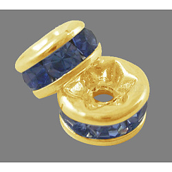 Brass Grade A Rhinestone Spacer Beads, Golden Plated, Rondelle, Nickel Free, Light Sapphire, 8x3.8mm, Hole: 1.5mm(RSB038NF-14G)