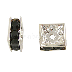 Rhinestone Spacer Beads, Square, Nickel Free, Black, Silver Color Plated, 5mmx5mmx2.5mm, hole: 1mm(RSB071NF-04S)