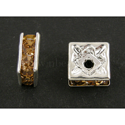 Brass Rhinestone Spacer Beads, Square, Nickel Free, Golden, Silver Color Plated, 5mmx5mmx2.5mm, hole: 1mm(RSB071NF-05S)