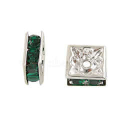 Rhinestone Spacer Beads, Square, Nickel Free, Green, Silver Color Plated, 5mmx5mmx2.5mm, hole: 1mm(RSB071NF-12S)