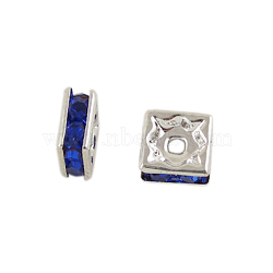 Brass Rhinestone Spacer Beads, Square, Nickel Free, Sapphire, Silver Color Plated, 8x8x4mm, Hole: 1mm(RSB074NF-15S)
