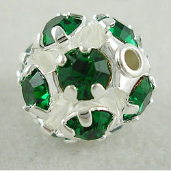 Brass Rhinestone Beads, Green, Round, Silver Color Plated, 12 Facets, 8mm, hole: about 1.5mm(RSB10C16)