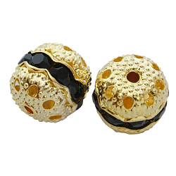 Brass Rhinestone Beads, Golden, Black, Round, about 10mm in diameter, hole: 1.5mm(RSB417-10mm-04G)