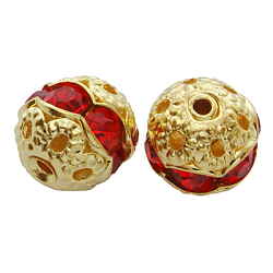 Brass Rhinestone Beads, Golden, Red, Round, about 8mm in diameter, hole: 1mm(RSB417-8mm-08G)