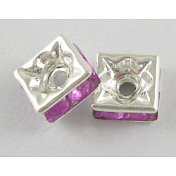 Brass Rhinestone Spacer Beads, Beads, Grade A, Square, Lt.Purple, Silver Color Plated, about 6mm long, 6mm wide, 2.8mm thick, hole: 1mm(RSB6mmC07)