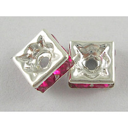 Brass Rhinestone Spacer Beads, Grade A, Square, Fuchsia, Silver Metal Color, about 6mm long, 6mm wide, 2.8mm thick, hole: 1mm(RSB6mmC35)