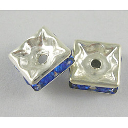 Brass Rhinestone Spacer Beads, Grade A, Square, Blue, Silver Color Plated, about 8mm long, 8mm wide, 3.5mm thick, hole: 1mm(RSB8mmC04)
