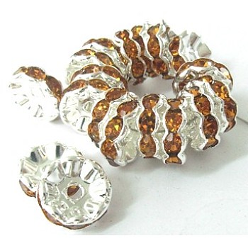 Rhinestone Spacer Beads, Brass, Rondelle, Silver Color Plated, 10mm, hole: about 1.5mm