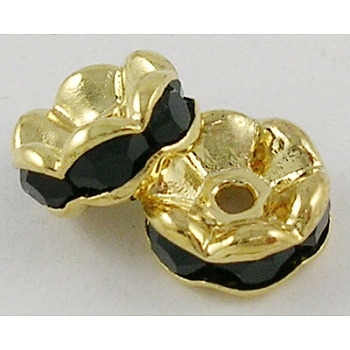 Brass Rhinestone Spacer Beads, Grade A, Black Rhinestone, Golden, Nickel Free, about 6mm in diameter, 3mm thick, hole: 1mm
