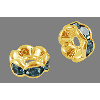 Brass Rhinestone Spacer Beads, Grade A, Rondelle, Golden and Nickel Free, Blue, about 6mm in diameter, 3mm thick, hole: 1mm