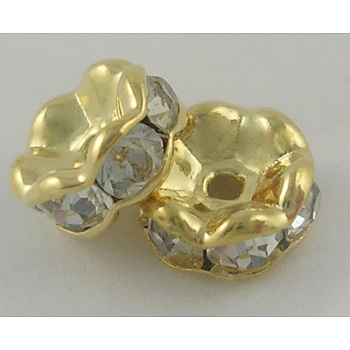 Middle East Rhinestone Spacer Beads, Clear, Brass, Golden, Nickel Free, about 7mm in diameter, 3.2mm thick, hole: 1mm