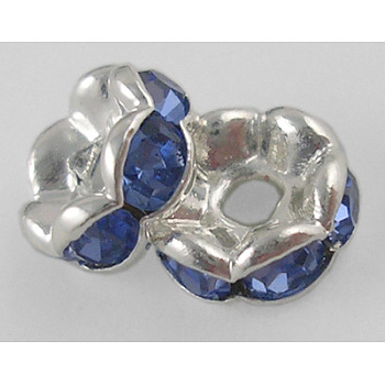 Brass Rhinestone Spacer Beads, Grade A, Lt. Sapphire Rhinestone, Silver Color Plated, Nickel Free, about 8mm in diameter, 3.8mm thick, hole: 1.5mm