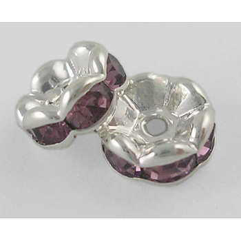 Brass Rhinestone Spacer Beads, Grade A, Lt. Amethyst Rhinestone, Silver Color Plated, Nickel Free, about 8mm in diameter, 3.8mm thick, hole: 1.5mm