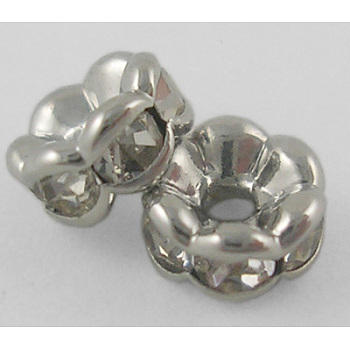Brass Rhinestone Spacer Beads, Wavy Edge, Crystal, Platinum, Nickel Free, 4x2mm, Hole: 1mm