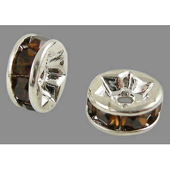 Brass Grade A Rhinestone Spacer Beads, Silver Color Plated, Nickel Free, Smoked Topaz, 4x2mm, Hole: 0.8mm