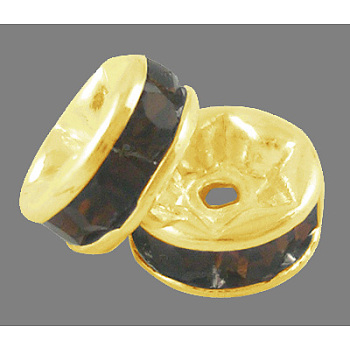 Brass Grade A Rhinestone Spacer Beads, Golden Plated, Rondelle, Nickel Free, Smoked Topaz, 4x2mm, Hole: 0.8mm