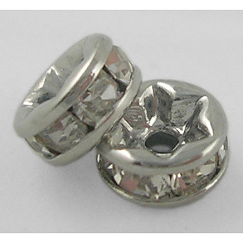 Middle East Rhinestone Spacer Beads, Clear, Brass, Platinum Color, Nickel Free, about 5mm in diameter, 2.5mm thick, hole: 1mm