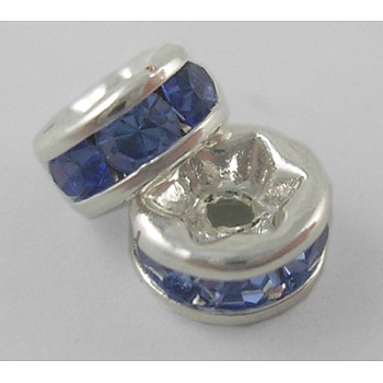 Brass Grade A Rhinestone Spacer Beads, Silver Color Plated, Nickel Free, Light Sapphire, 5x2.5mm, Hole: 1mm