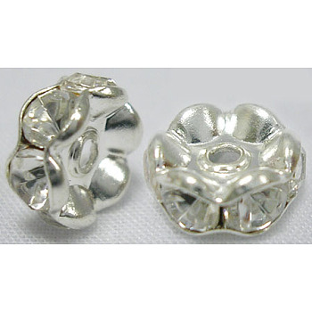 Brass Rhinestone Spacer Beads, Grade A, Rondelle, Silver Color Plated, Clear, Size: about 8mm in diameter, hole:1.5mm