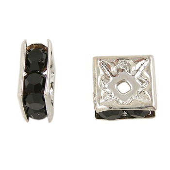 Rhinestone Spacer Beads, Square, Nickel Free, Black, Silver Color Plated, 5mmx5mmx2.5mm, hole: 1mm