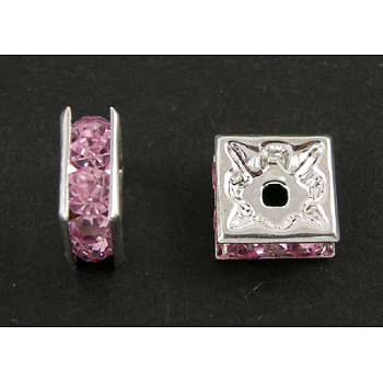 Brass Rhinestone Spacer Beads, Grade A, Square, Nickel Free, Pink, Silver Color Plated, 5mmx5mmx2.5mm, hole: 1mm