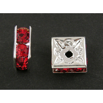 Brass Rhinestone Spacer Beads, Grade A, Square, Nickel Free, Red, Silver Color Plated, 5mmx5mmx2.5mm, hole: 1mm