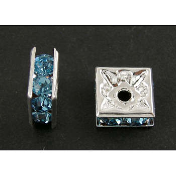 Brass Rhinestone Beads, Grade A, Square, Nickel Free, Aquamarine, Silver Color Plated, 5mmx5mmx2.5mm, hole: 1mm