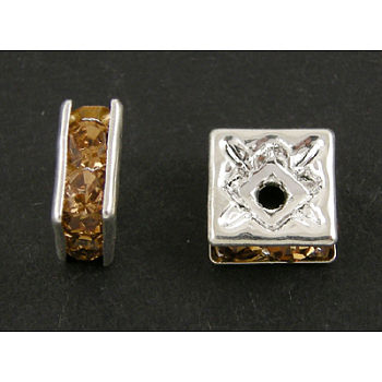 Brass Rhinestone Spacer Beads, Beads, Square, Nickel Free, Golden, Silver Color Plated, 6mmx6mmx3mm, hole: 1mm