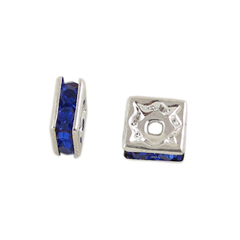 Brass Rhinestone Spacer Beads, Square, Nickel Free, Sapphire, Silver Color Plated, 8x8x4mm, Hole: 1mm