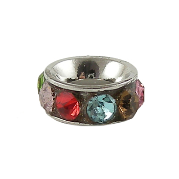 Brass Rhinestone Spacer Beads, Rondelle, Platinum, Colorful, about 8mm in diameter, 3mm thick, hole: 4mm