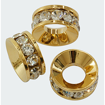 Brass Rhinestone Spacer Beads, Grade A, Rondelle, Golden, about 12mm in diameter, 5mm thick, hole: 6mm
