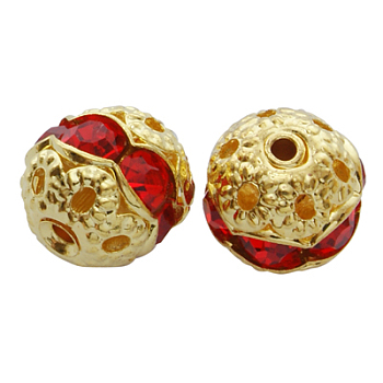 Brass Rhinestone Beads, Golden, Red, Round, about 8mm in diameter, hole: 1mm