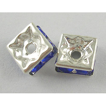 Brass Rhinestone Spacer Beads, Grade A, Square, Blue, Silver Color Plated, about 6mm long, 6mm wide, 2.8mm thick, hole: 1mm