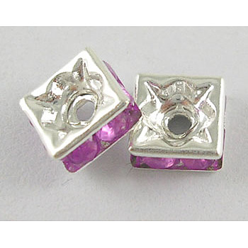 Brass Rhinestone Spacer Beads, Beads, Grade A, Square, Lt.Purple, Silver Color Plated, about 6mm long, 6mm wide, 2.8mm thick, hole: 1mm