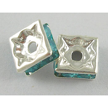 Brass Rhinestone Spacer Beads, Grade A, Square, Cyan, Silver Metal Color, about 6mm long, 6mm wide, 2.8mm thick, hole: 1mm