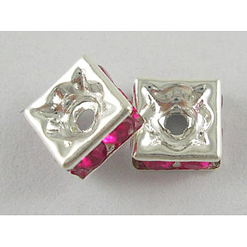 Brass Rhinestone Spacer Beads, Grade A, Square, Fuchsia, Silver Metal Color, about 6mm long, 6mm wide, 2.8mm thick, hole: 1mm