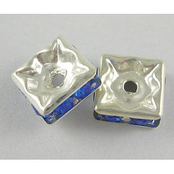 Brass Rhinestone Spacer Beads, Grade A, Square, Blue, Silver Color Plated, about 8mm long, 8mm wide, 3.5mm thick, hole: 1mm
