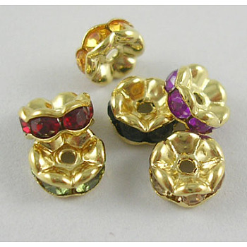 Acrylic Rhinestone Spacer Beads, Brass, Mixed Color, Rondelle, Golden-Plated, Size:about 7mmx3.5mm, hole: 1mm