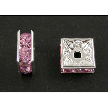 6mm Pink Square Brass + Rhinestone Spacer Beads