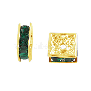 8mm Green Square Brass + Rhinestone Spacer Beads