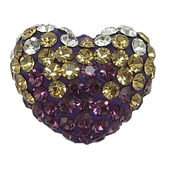 Austrian Crystal Pave Beads, Mother's Day Jewelry Making, with Polymer Clay inside, Heart, 204_Amethyst, about 14mm wide, 11mm long, 8mm thick, hole: 1mm