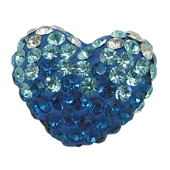 Austrian Crystal Pave Beads, Mother's Day Jewelry Making, with Polymer Clay inside, Heart, 243_Capri Blue, about 14mm wide, 11mm long, 8mm thick, hole: 1mm